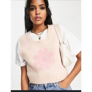 Monki Vest with Flower Print in Pink Size Small